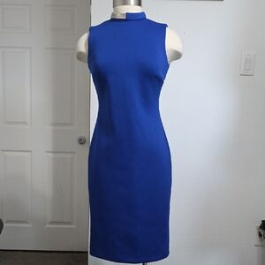 NWT Calvin Klein Sleeveless Cobalt Sheath Dress With Silver Metal Collar